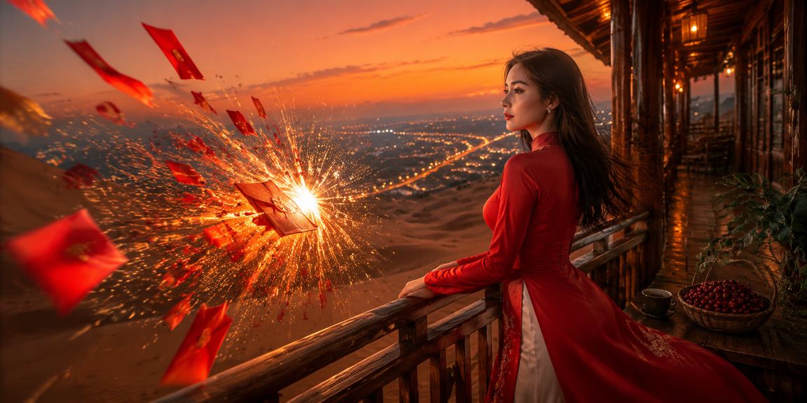 Cảnh phong bì đỏ và áo dài tại Mũi Né trong không khí ưu đãi VIP Tết